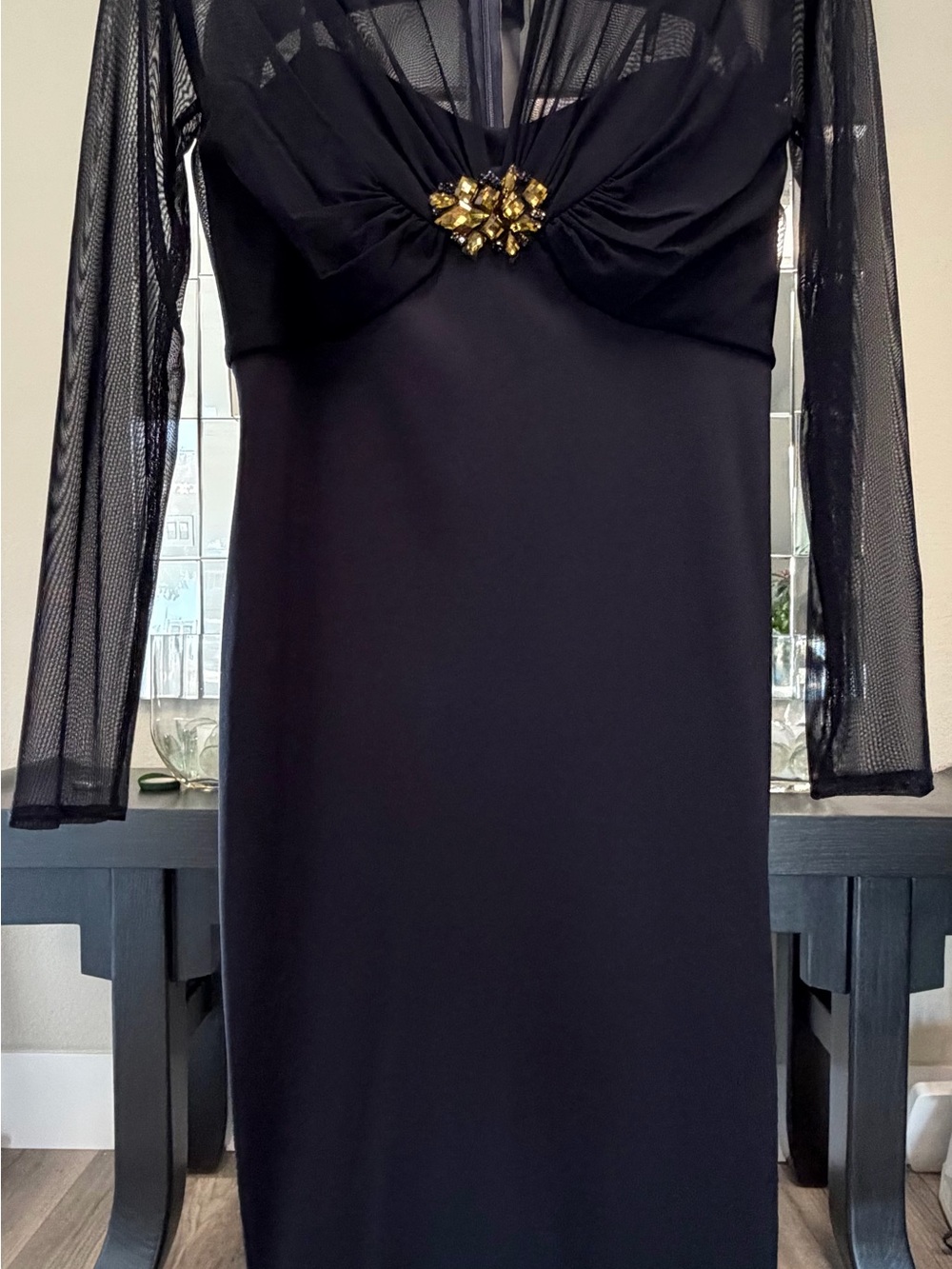 Tadashi Shoji Black Long-Sleeve Evening Dress with Gold Embellishment